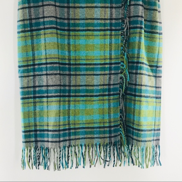 NWT J. Jill Grey Green Teal Navy Plaid Wool Blend  Asymmetric Fringe Blanke… - Picture 3 of 8